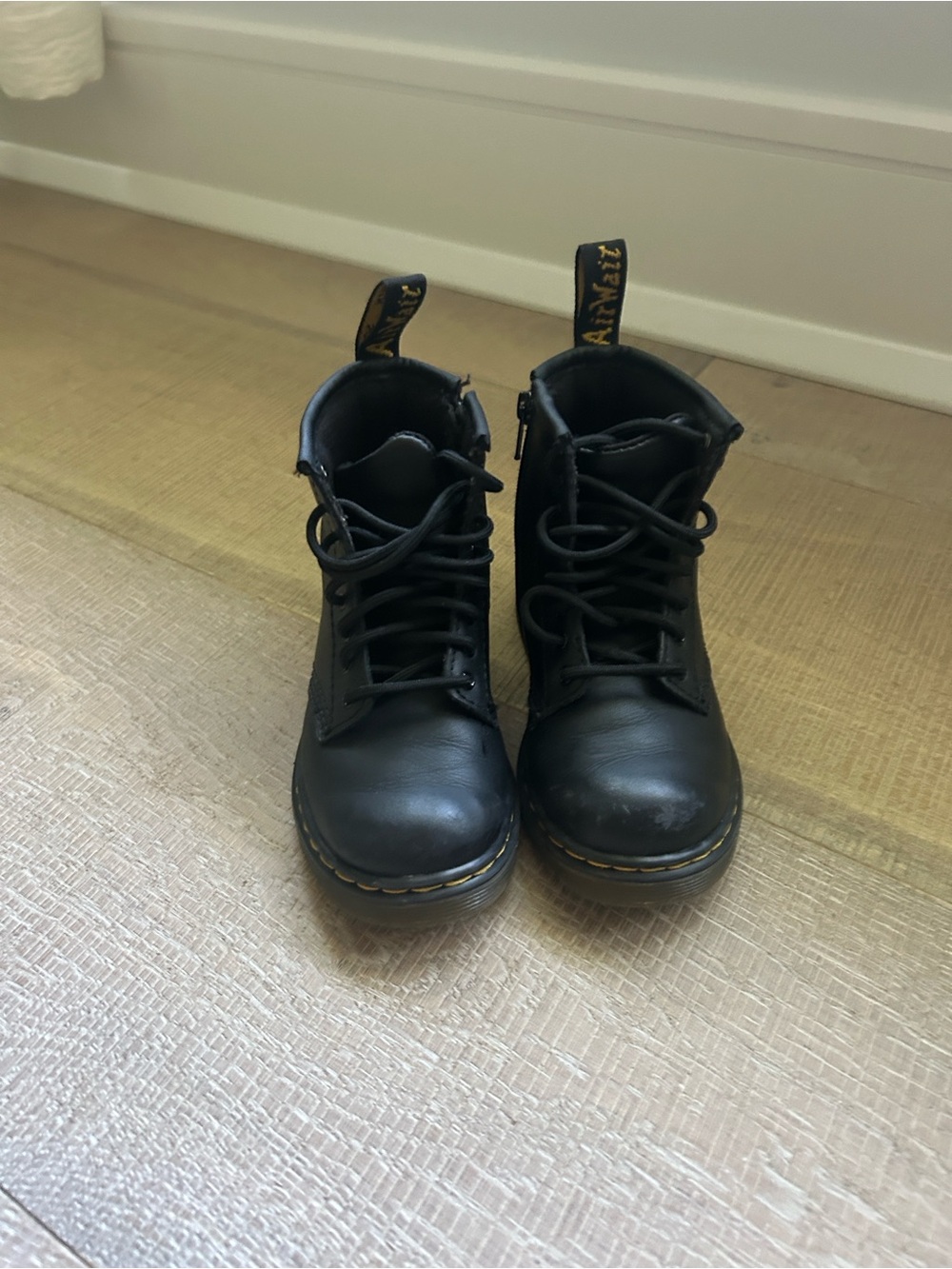Dr. Martens Black Leather Lace-Up Ankle Boots with Yellow Stitching